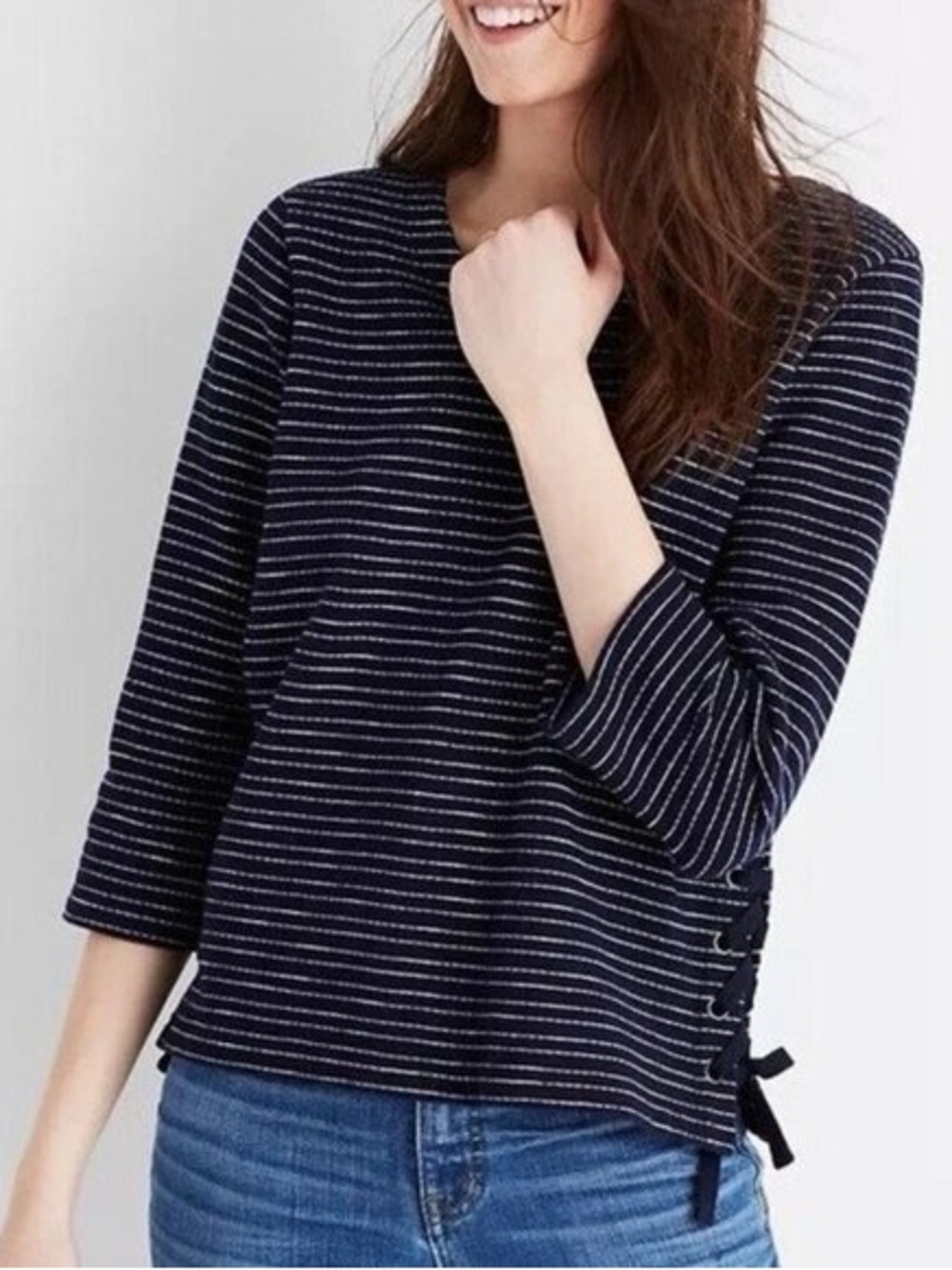 Madewell Nautical Striped Lace-Up Side Pullover Top Size M Navy Preppy Coastal
